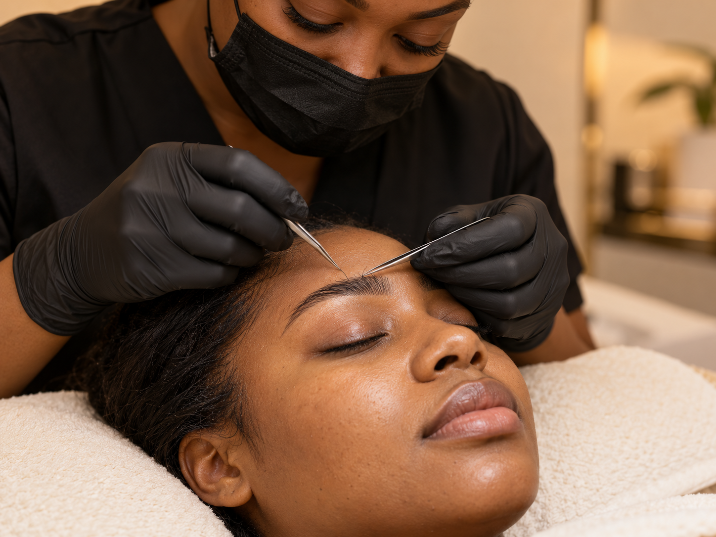 Illustrative photo of individual brow hairs being applied with precision tweezers