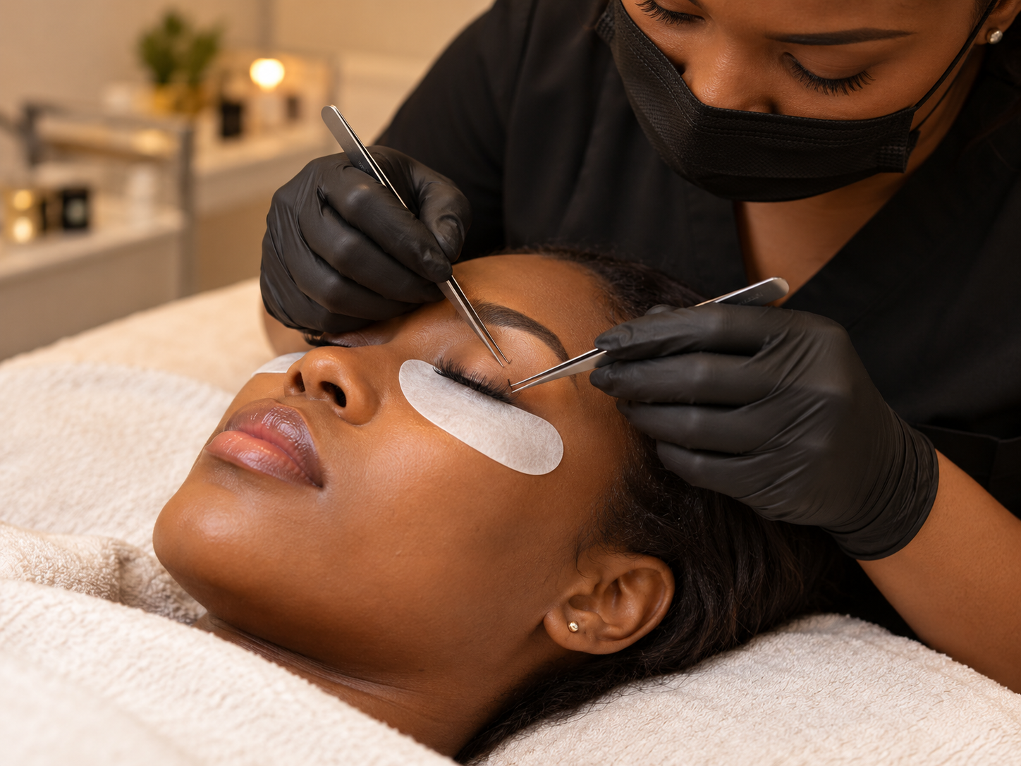 Illustrative photo of individual eyelash extensions being applied with tweezers