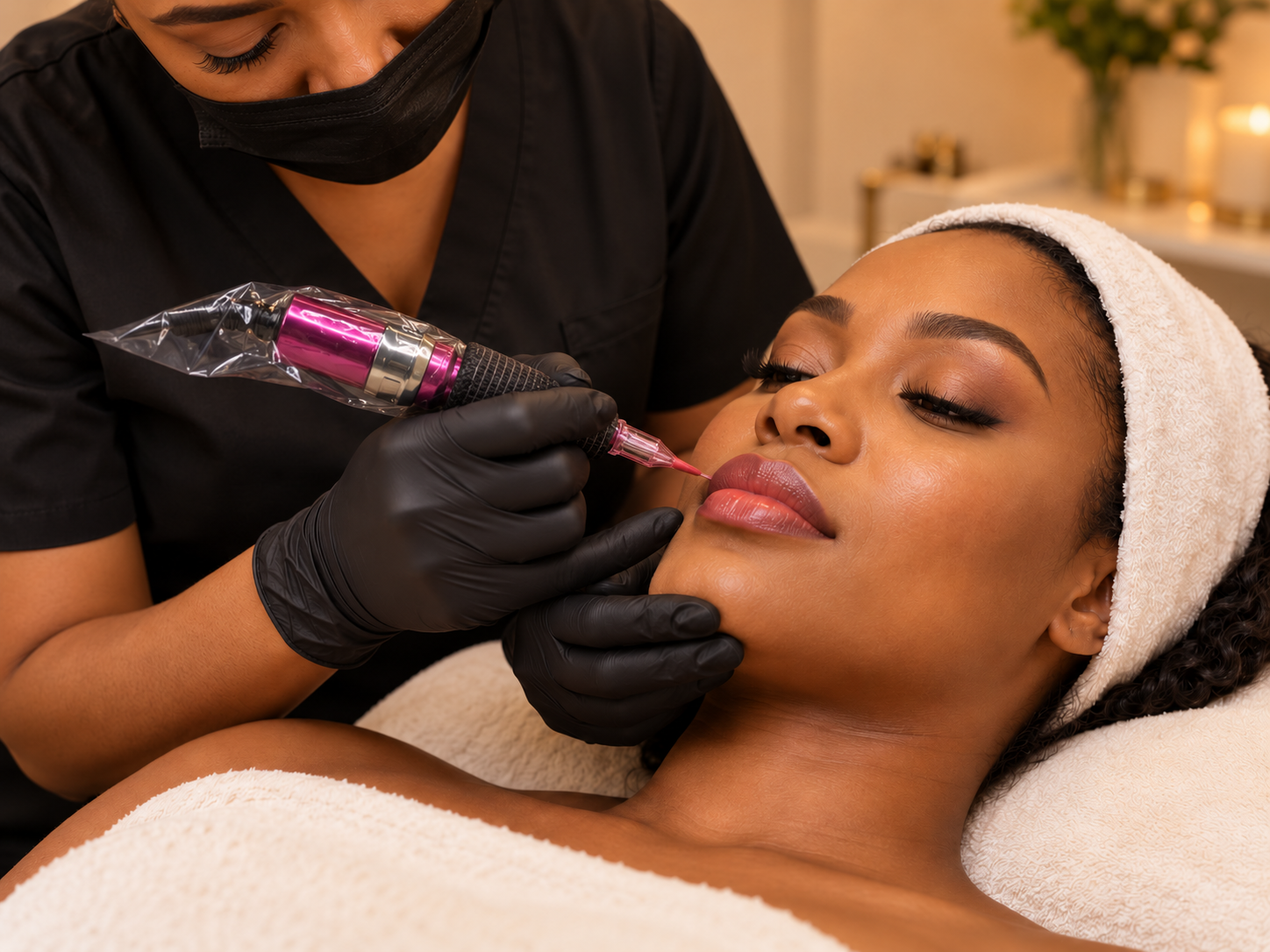 Illustrative photo of lip colour being applied with a pink lip-blush machine