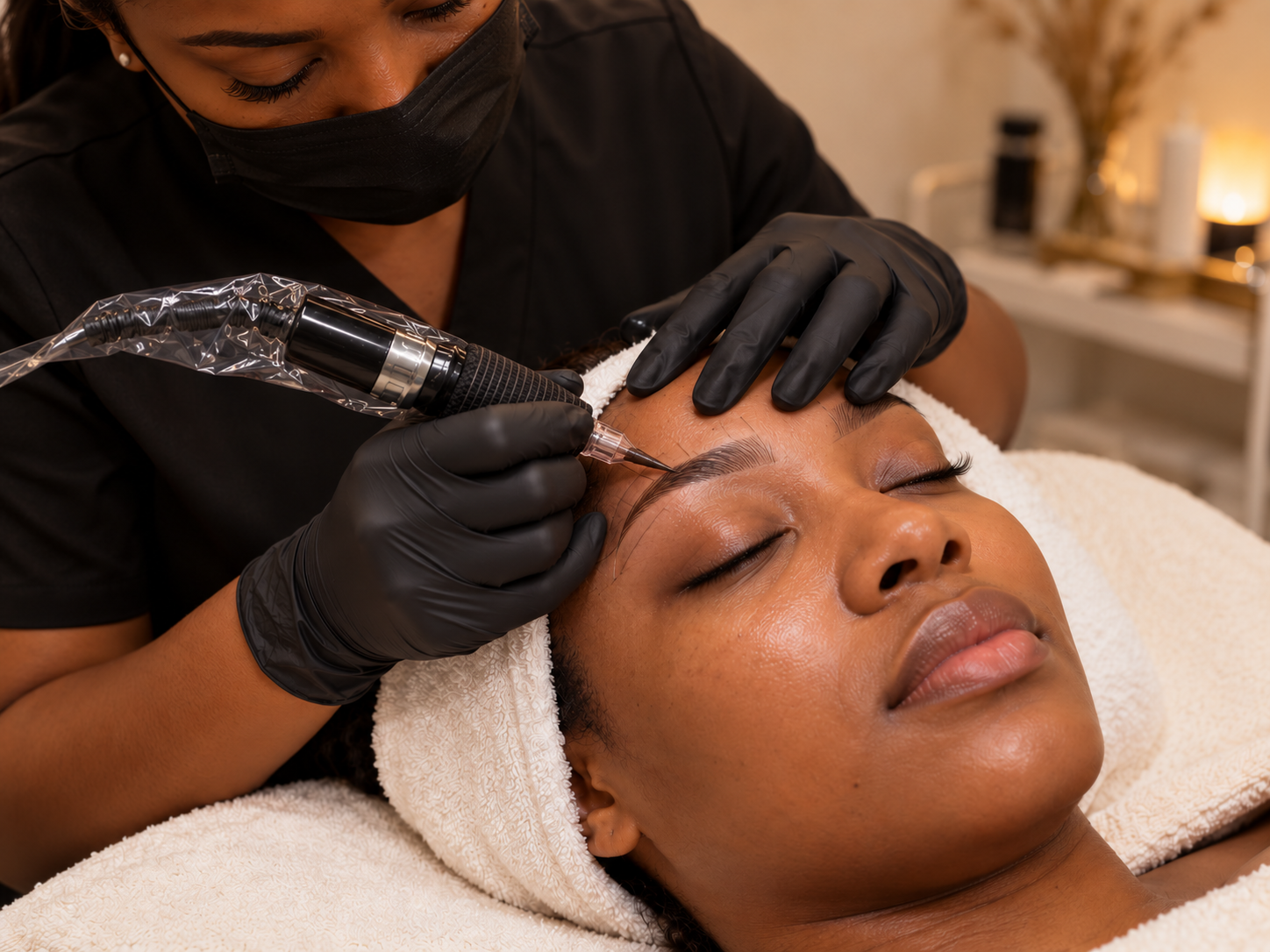 Illustrative Micro blading treatment photo with a black cosmetic tattoo machine at the eyebrow