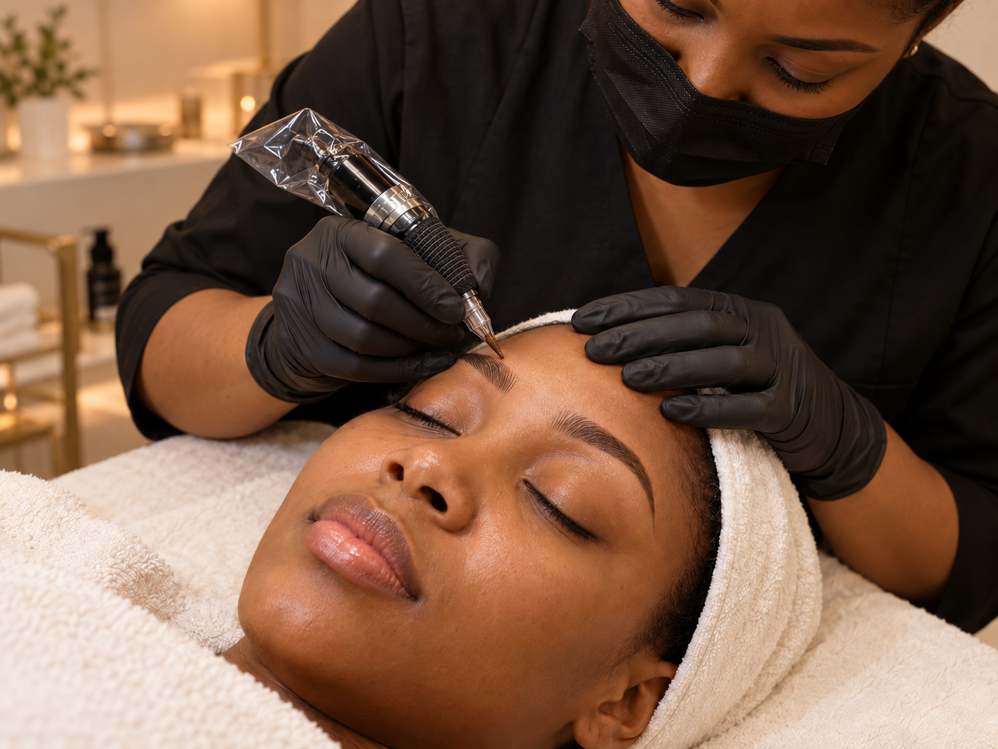 Illustrative Nano blading treatment photo with a black cosmetic tattoo machine at the eyebrow