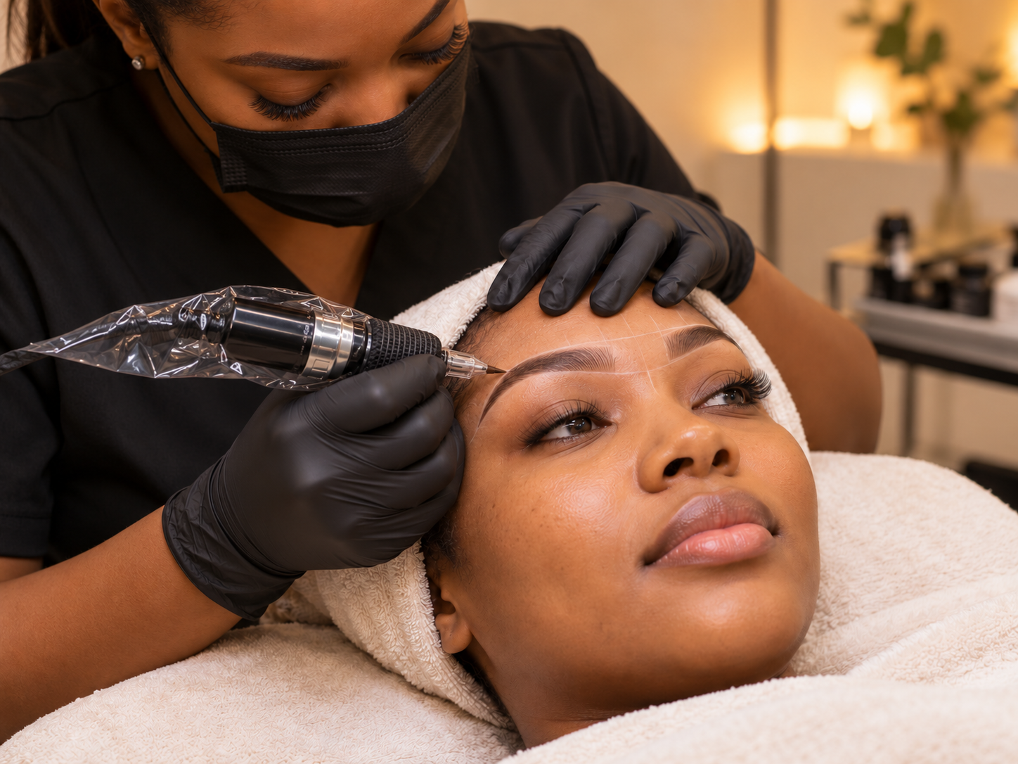Illustrative Nano combo treatment photo with a black cosmetic tattoo machine at the eyebrow